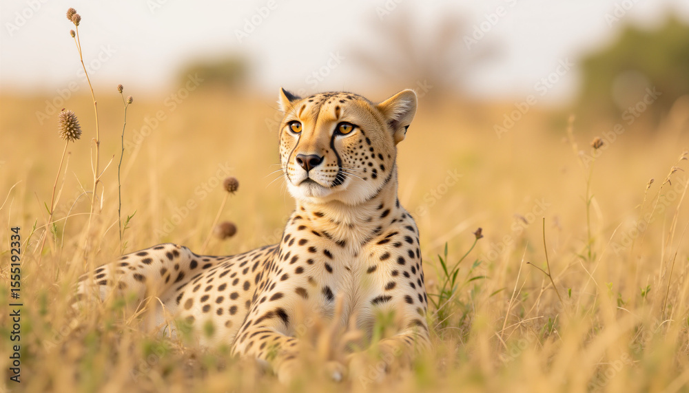 Naklejka premium Cheetah resting on grass in savannah under soft sunlight 