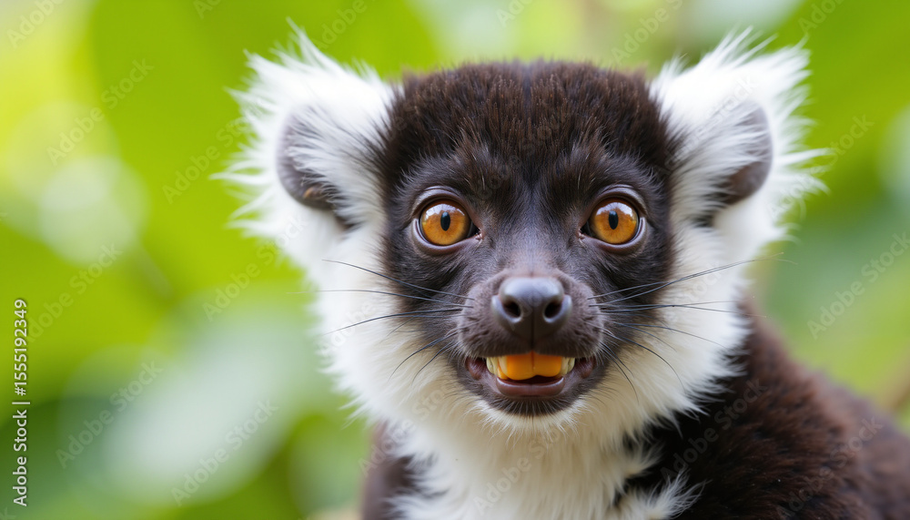 Fototapeta premium Close-up of Vari the lemur's face, focusing on the large eyes and the piece of fruit in its mouth