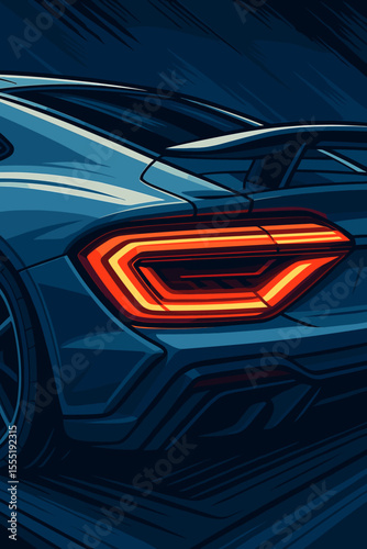 Futuristic sports car rear view with glowing red LED taillight. Sleek supercar concept design in a dynamic close-up. Modern auto technology vector cartoon illustration for racing.