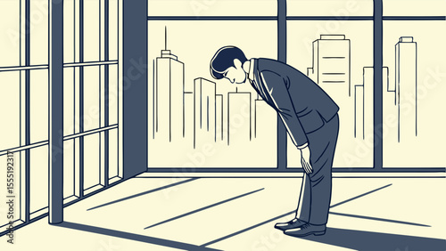 Businessman Bowing in a Modern Office.