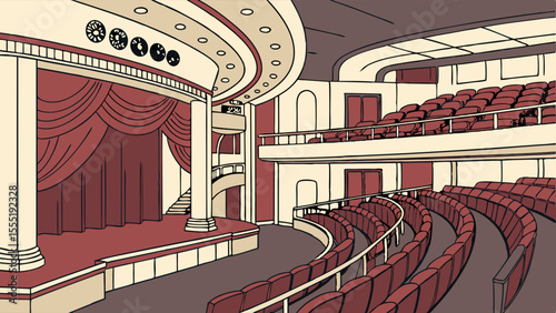 Cartoon illustration of a theater interior with stage and seating.