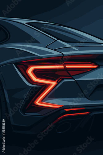 Dynamic Futuristic Sports Car Rear View Close-Up. Illuminated LED Taillight Design, Sleek Bodywork, and Exhaust. Vector Cartoon Illustration of Modern Vehicle.