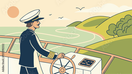 Captain Steering a Vessel on a Scenic Coastal Landscape.