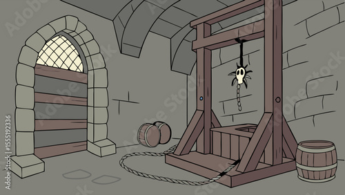 Cartoon Illustration of a Medieval Dungeon with Gallows and Skull.