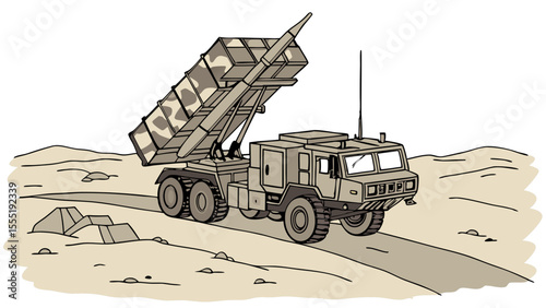 Camouflaged missile launcher truck on a desert road illustration.