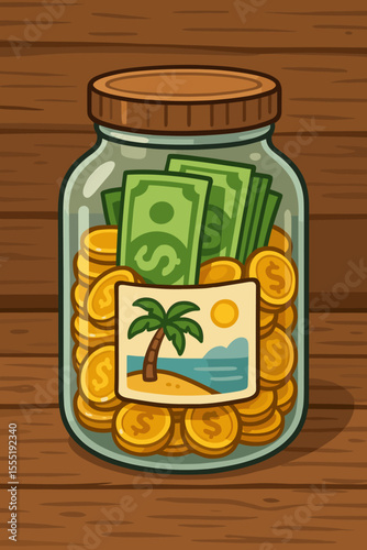 Saving money for dream vacation concept. Glass jar travel fund with cash, coins, and banknotes. Financial planning, investment, and budgeting for a holiday trip to a tropical island.
