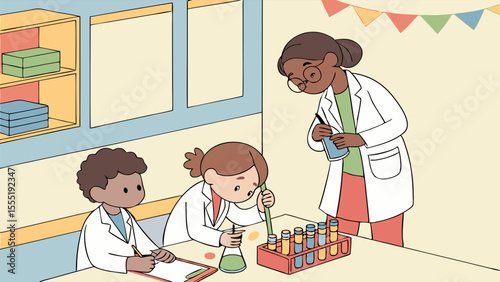 Cartoon Scientists Conducting Experiments in a Laboratory Setting.