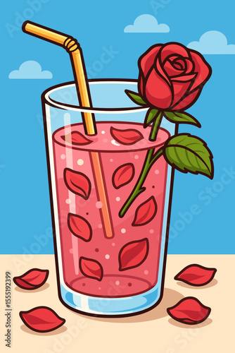 Refreshing Glass of Rose Petal Drink, Ideal for Summer Celebrations. Cool Rosy Beverage with Straw and Red Flower. Cartoon Vector Graphic.