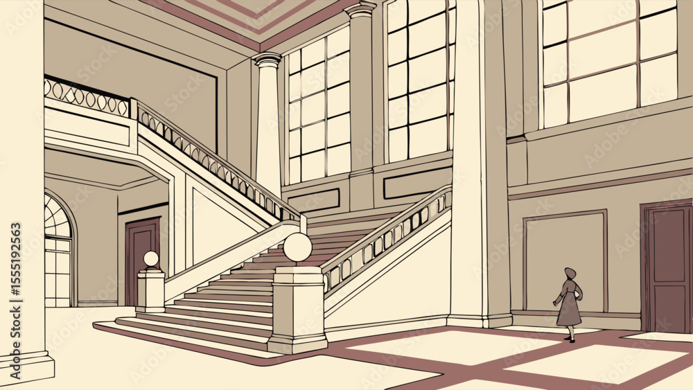 Fototapeta premium Elegant Staircase and Figure in a Grand Architectural Interior.