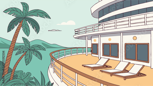 Cruise Ship Deck with Palm Trees and Ocean View.
