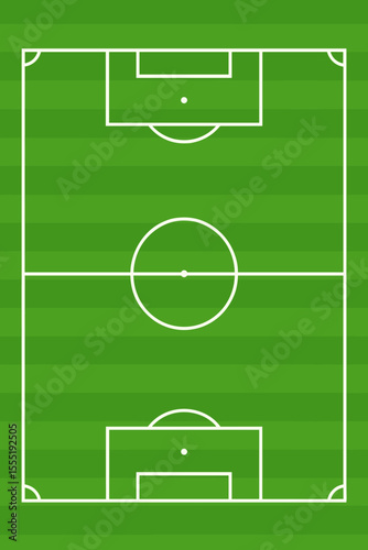Green Soccer Football Field with White Marking Lines. Top View Vector Illustration. Sport Game Background Layout. Pitch Goal Posts and Center Circle for Team Play.