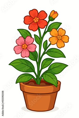 Colorful potted flowering plant. Green foliage and vibrant blossoms. Cute cartoon illustration. Isolated indoor houseplant. Botanical decorative element design vector. White background.