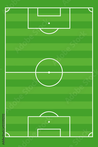 Green Soccer Football Field with White Marking Lines. Professional Sports Stadium Pitch. Vector Flat Cartoon Illustration. Goal, Center Circle, Corner Arc.