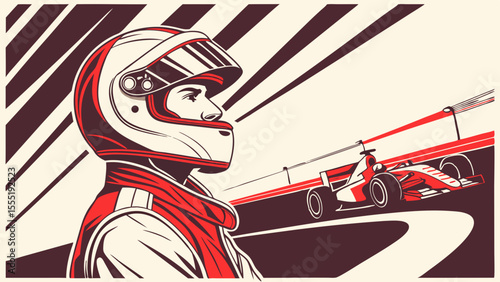 Determined Race Car Driver in Racing Helmet.