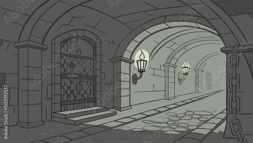 Dark StoneLined Tunnel with Ancient Lighting.