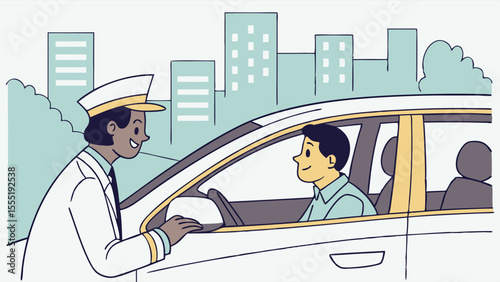 Driver interacting with parking attendant in front of city buildings.