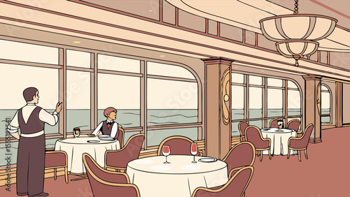 Elegant cruise ship dining room with waiter and seated passenger.