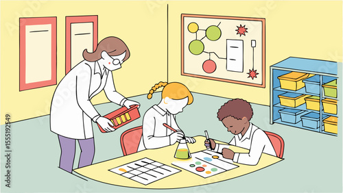 Elementary School Science Class Children Conducting Experiments.