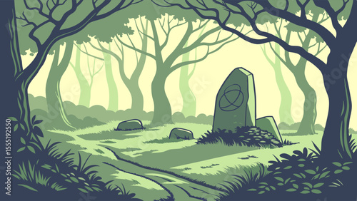 Enigmatic Celtic Knot Stone in a Mystical Forest Glade.