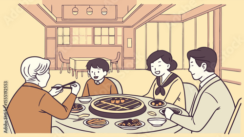 Family enjoying a Korean barbecue meal together at a restaurant.