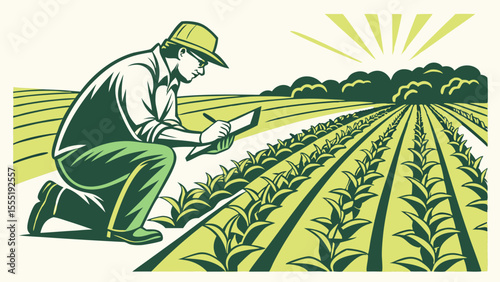 Farmer Inspecting Crops in Field with Clipboard and Pen.