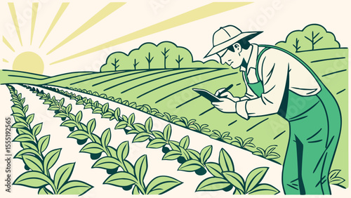 Farmer Inspecting Rows of Plants in a Field at Sunrise.