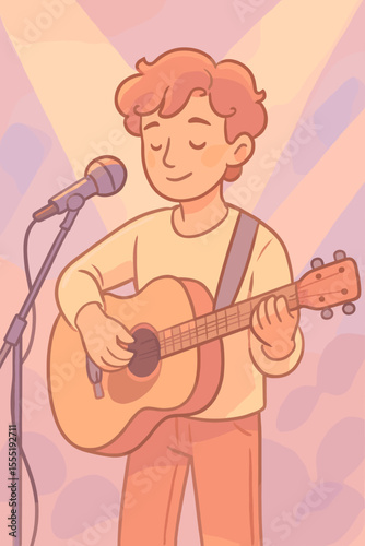 Young singer-songwriter playing acoustic guitar and singing on stage. Solo musician performs a live concert or at an open mic night. Heartfelt performance vector illustration.