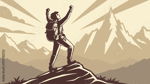 Hiker Celebrating Success on Mountain Peak with Arms Raised.