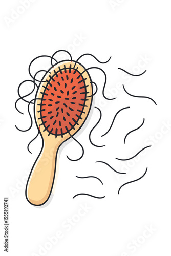 Hair loss problem concept. Comb brush with fallen hair strands. Alopecia, baldness, dandruff treatment, scalp disease, medical issue symbol vector illustration.