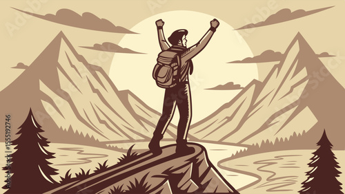 Hiker Reaches Summit Overlooking Mountain Scenery.