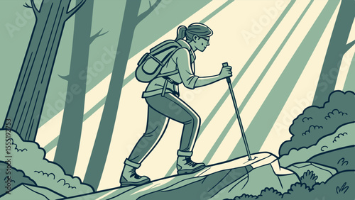 Hiking Woman in Forest Path with Trekking Poles.