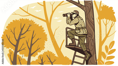Hunter in Tree Stand Using Binoculars Autumn Woods.