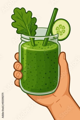 Hand holding vibrant green healthy detox smoothie. Fresh vegetable drink with lettuce, cucumber, and straw. Healthy eating, wellness, clean living cartoon vector illustration.