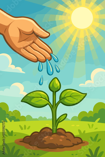 Hand watering a young plant sprout growing in fertile soil. Metaphor for new life, growth, and care. Nurturing a seedling under the bright sun. Gardening and agriculture concept.