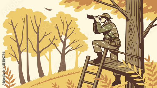 Hunter Observing Wildlife Through Binoculars from a Tree Stand.