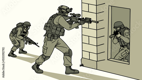 Illustrated soldiers in tactical gear engaging in urban combat scenario.