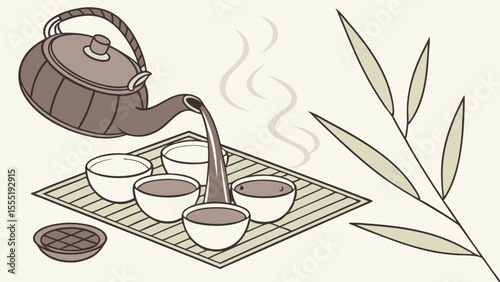 Japanese Tea Ceremony Pouring Tea into Cups on Bamboo Tray.