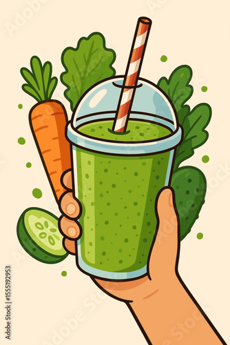 Hand Holding Fresh Green Detox Smoothie in Plastic Cup with Straw, Surrounded by Carrot, Lettuce, Cucumber, Healthy Organic Vegetable Juice, Vegan Drink, Cartoon Vector Illustration