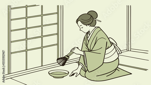 Japanese Woman in Kimono Cleaning a Traditional House.