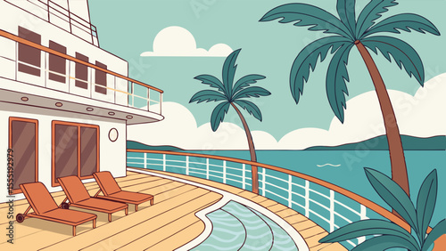 Luxurious Cruise Ship Deck with Pool and Palm Trees.