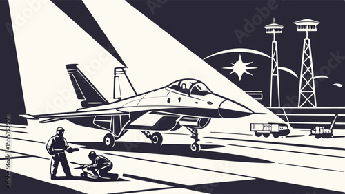 Military Jet Aircraft on Runway at Night.