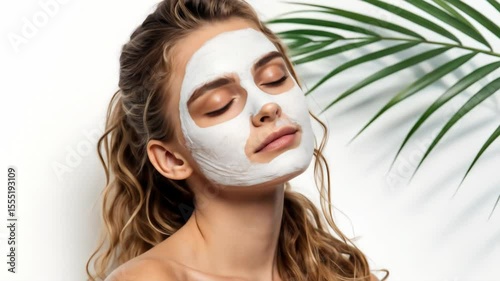 Woman with Clay Face Mask and Palm Leaf - A young woman with long, wavy blonde hair relaxes with a white clay face mask on her face.