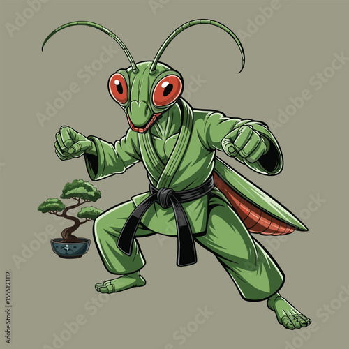 Cartoon illustration of a praying mantis in karate gi practicing martial arts