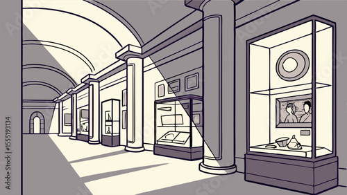 Museum Corridor with Display Cases and Artifacts.