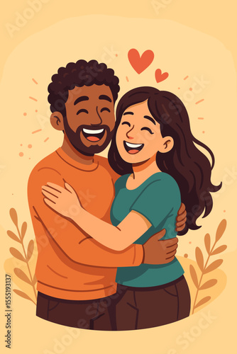 Happy couple embracing in loving hug, romantic relationship, togetherness, support, mutual affection, overcoming loneliness, finding happiness, cartoon vector illustration, love concept