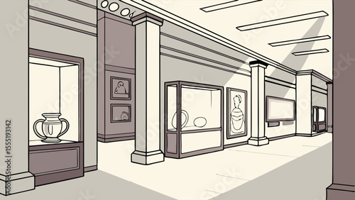 Museum Gallery Interior with Artifacts and Paintings.