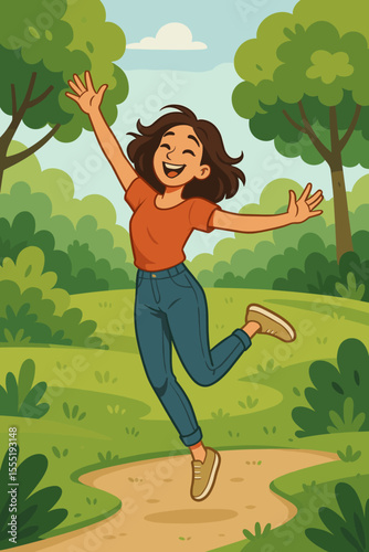 Happy woman jumping with joy in lush green park, carefree lifestyle, outdoor freedom, cheerful cartoon character, summer holiday, energetic female, nature background, vector illustration