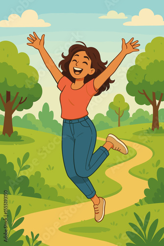Happy woman jumping with joy in sunny green park, carefree lifestyle, outdoor leisure, summer vacation, cheerful cartoon character, nature landscape, happiness and freedom concept vector