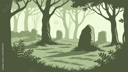 Misty Forest Clearing with Ancient Stones.