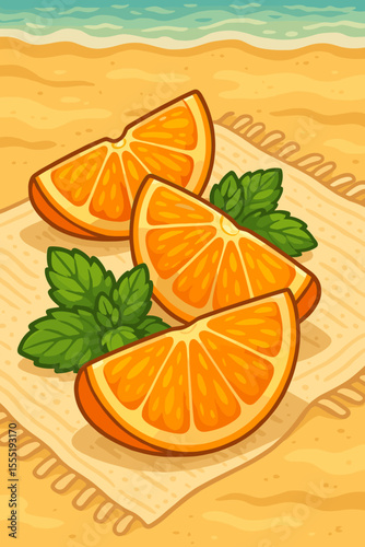 Fresh orange slices with mint leaves on beach towel. Summer fruit picnic on sandy shore. Refreshing citrus, tropical vacation, healthy snack, cartoon vector illustration, seaside relaxation concept